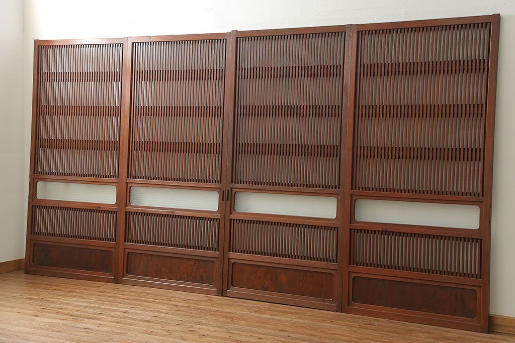 古民具・骨董 美しい裏ガラス入りの格子戸4枚セット(和風建具、引き戸)