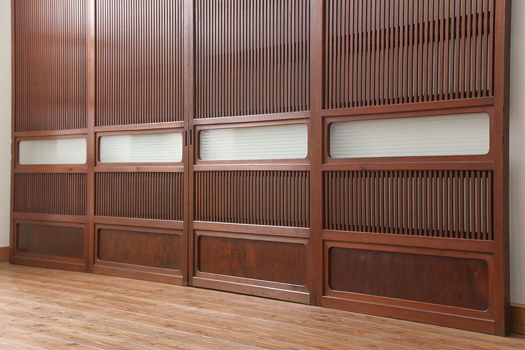 古民具・骨董 美しい裏ガラス入りの格子戸4枚セット(和風建具、引き戸)