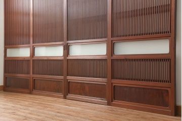 古民具・骨董 美しい裏ガラス入りの格子戸4枚セット(和風建具、引き戸)
