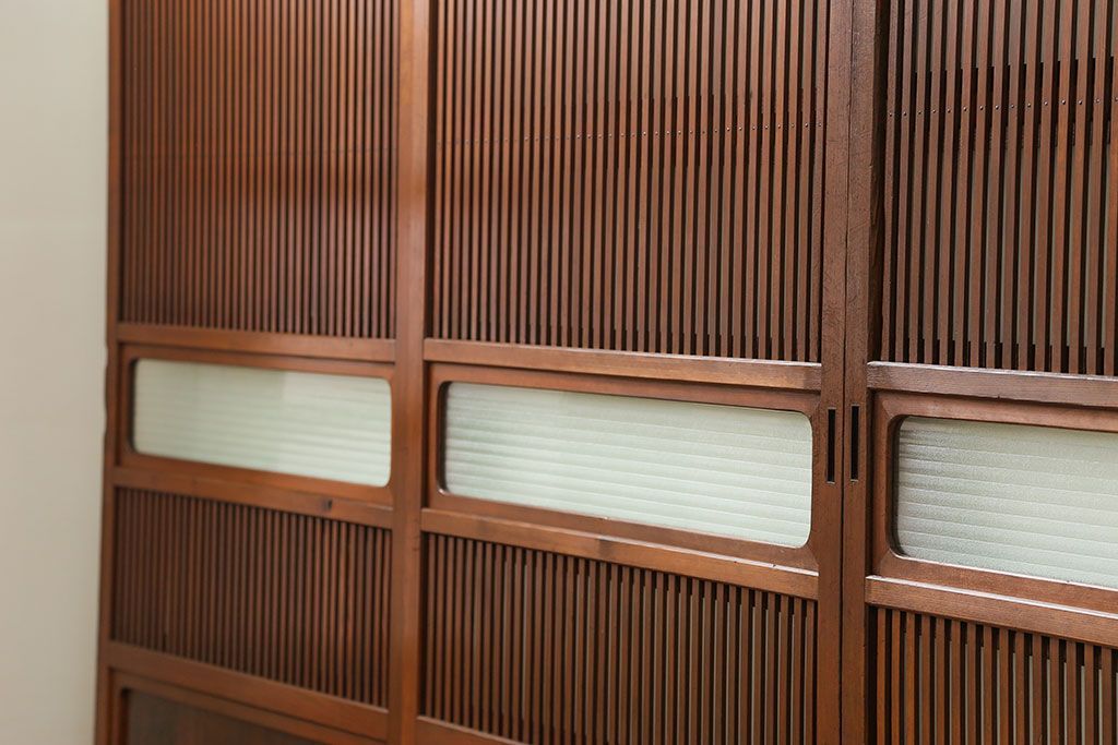 古民具・骨董 美しい裏ガラス入りの格子戸4枚セット(和風建具、引き戸)