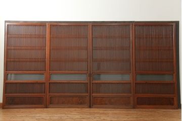 古民具・骨董 美しい裏ガラス入りの格子戸4枚セット(和風建具、引き戸)