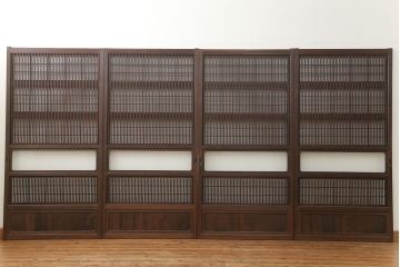 古民具・骨董 上質な銀モールガラス入りアンティーク格子戸4枚セット(裏障子付き)