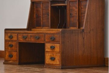 アンティーク家具　古民具・骨董 極上品　古い欅材と栓材の上手造り帳場机(デスク、在宅ワーク、在宅用文机)