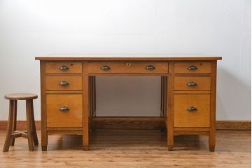 レトロ家具　昭和レトロ シンプルで使いやすいアンティーク両袖机(デスク)