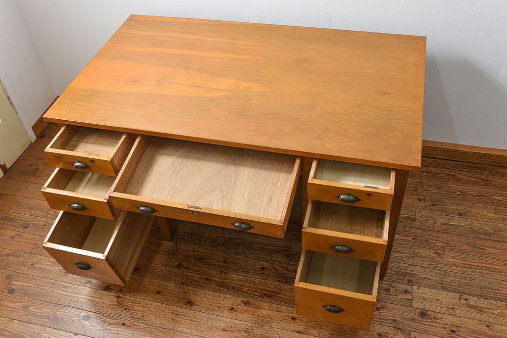 レトロ家具　昭和レトロ シンプルで使いやすいアンティーク両袖机(デスク)