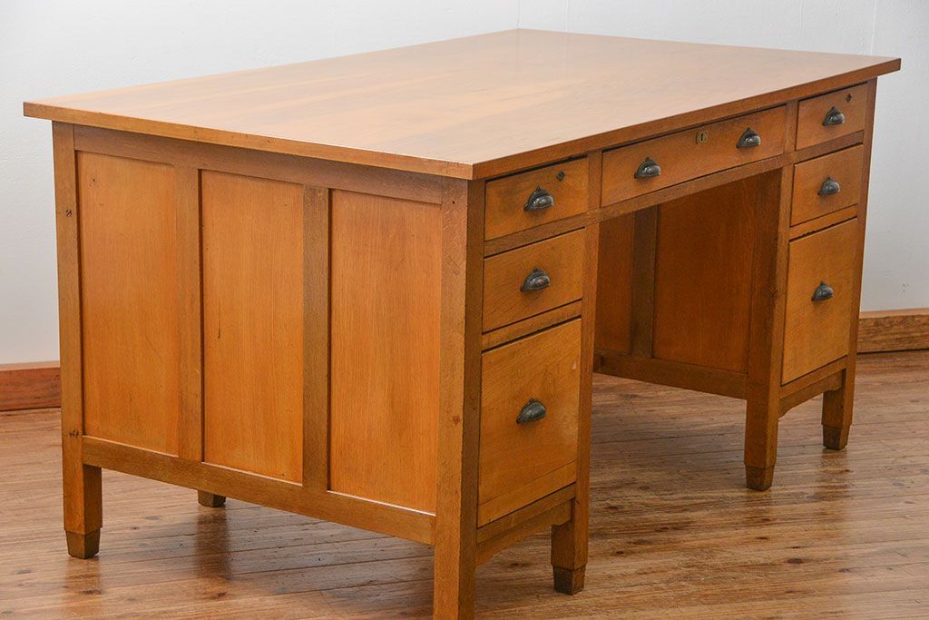 レトロ家具　昭和レトロ シンプルで使いやすいアンティーク両袖机(デスク)