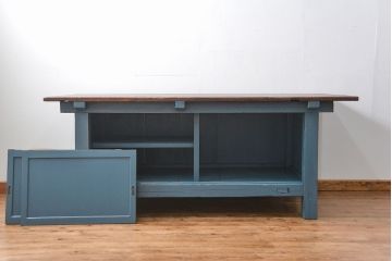 アンティーク家具　アンティークペイント　古い木の大きな作業台(テーブル、陳列台)