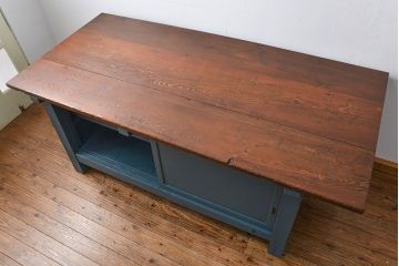 アンティーク家具　アンティークペイント　古い木の大きな作業台(テーブル、陳列台)