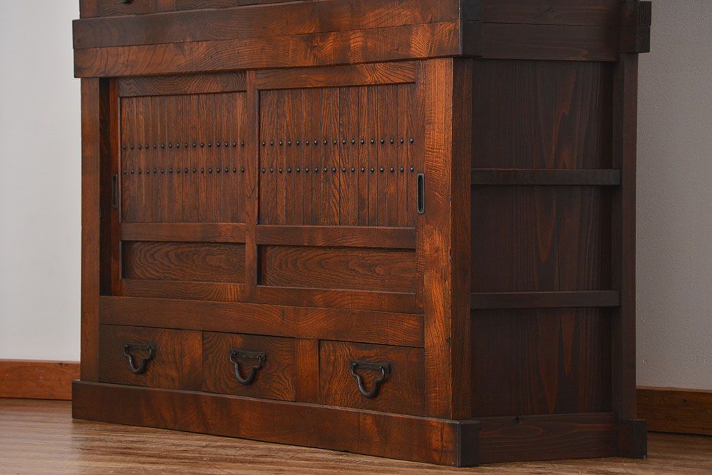 アンティーク家具　古民具・骨董 特別注文造り　希少な前面欅材!五尺水屋箪笥(食器棚、カップボード)