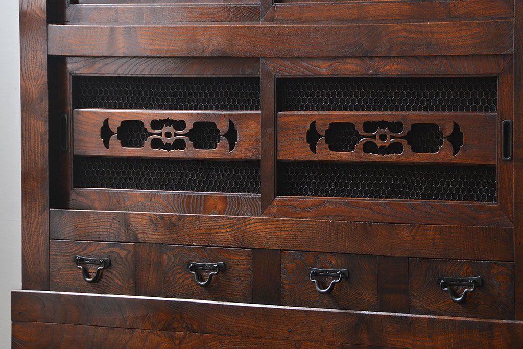 アンティーク家具　古民具・骨董 特別注文造り　希少な前面欅材!五尺水屋箪笥(食器棚、カップボード)