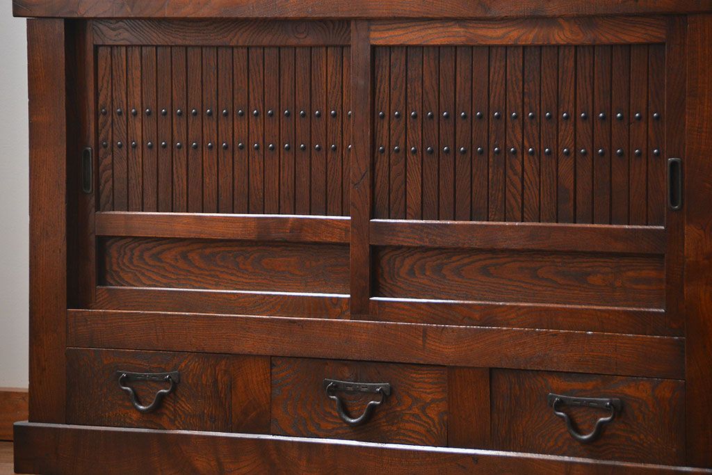 アンティーク家具　古民具・骨董 特別注文造り　希少な前面欅材!五尺水屋箪笥(食器棚、カップボード)