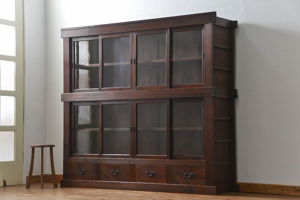 アンティーク家具　古民具・骨董 味わい深い六尺関西収納棚(戸棚、ガラスケース、水屋箪笥)