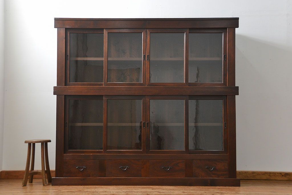 アンティーク家具　古民具・骨董 味わい深い六尺関西収納棚(戸棚、ガラスケース、水屋箪笥)