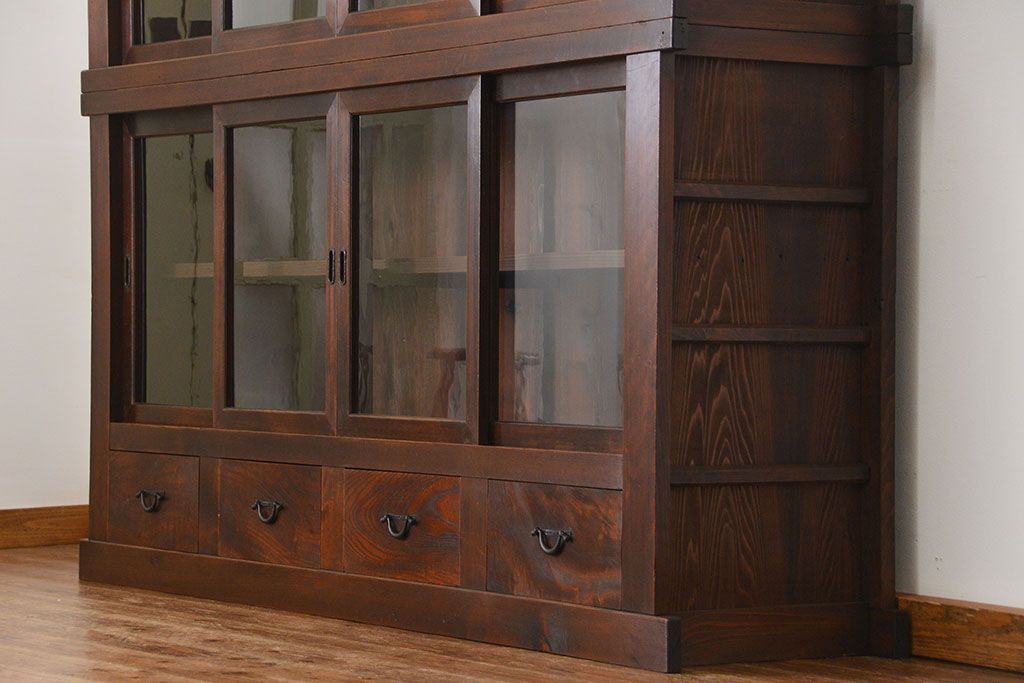 アンティーク家具　古民具・骨董 味わい深い六尺関西収納棚(戸棚、ガラスケース、水屋箪笥)