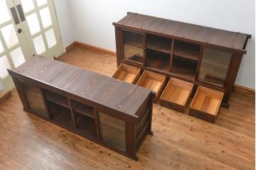 アンティーク家具　古民具・骨董 味わい深い六尺関西収納棚(戸棚、ガラスケース、水屋箪笥)