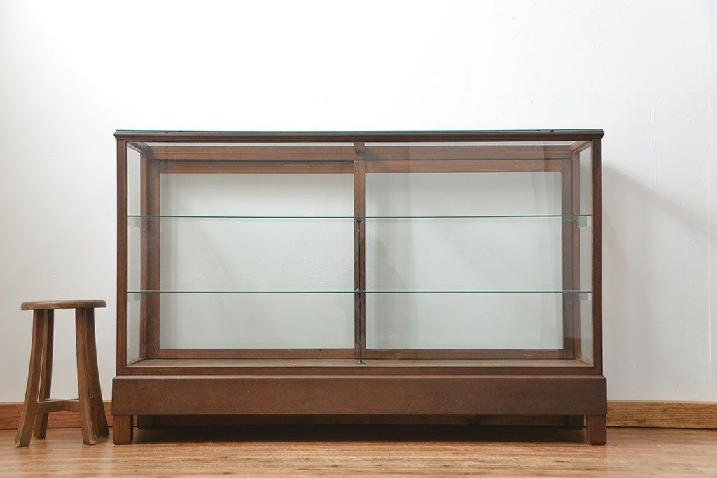 アンティーク家具　アンティーク 古いナラ材の大きなガラスケース(ショーケース、陳列棚)