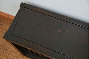 アンティーク家具　古民具・骨董 縦桟引き戸の背の低い薄型収納箪笥(水屋箪笥、ローボード、テレビ台、キャビネット、収納棚)