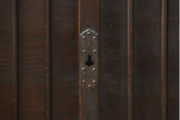 アンティーク家具　古民具・骨董 縦桟引き戸の背の低い薄型収納箪笥(水屋箪笥、ローボード、テレビ台、キャビネット、収納棚)