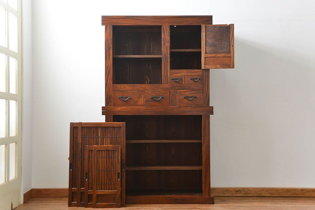 アンティーク家具　古民具・骨董　希少!前面欅材三尺水屋箪笥(食器棚、時代箪笥、収納棚)