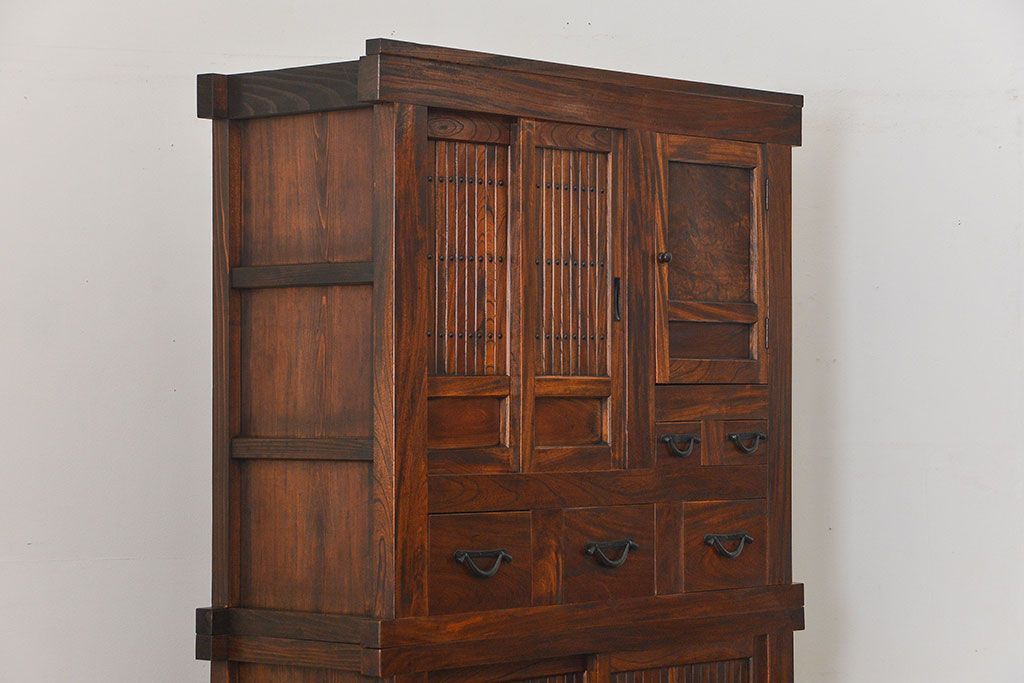 アンティーク家具　古民具・骨董　希少!前面欅材三尺水屋箪笥(食器棚、時代箪笥、収納棚)