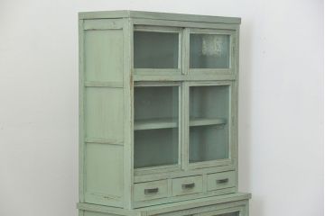 アンティーク家具　アンティークペイント　気泡ガラス入りのかわいい食器棚(カップボード、収納棚)