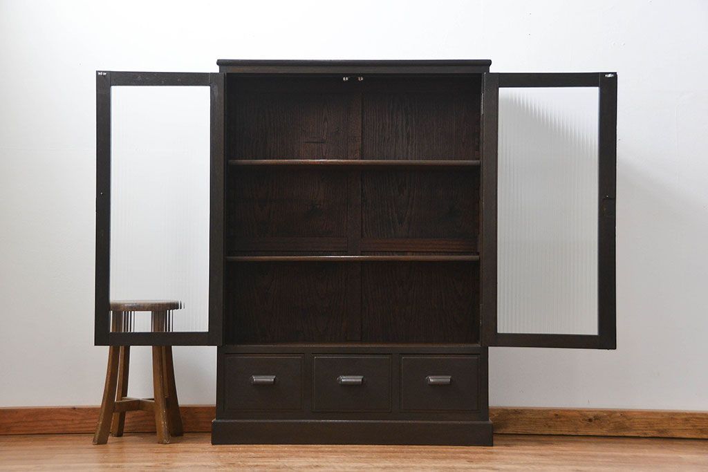 アンティーク家具　アンティーク 古い木のシックなモールガラス本箱(ブックケース、収納棚)