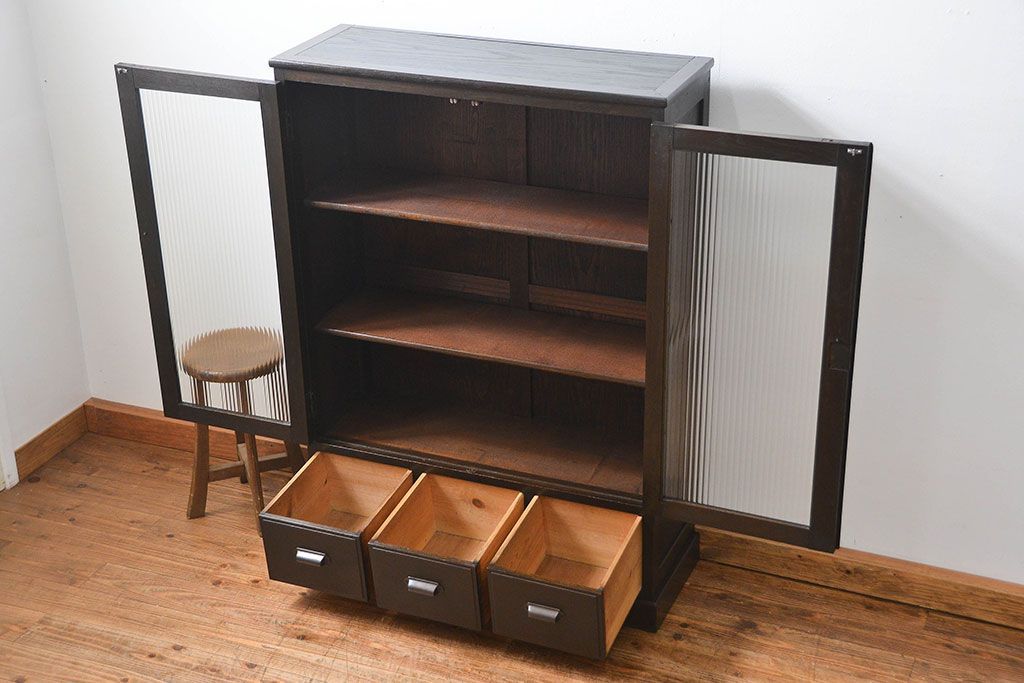 アンティーク家具　アンティーク 古い木のシックなモールガラス本箱(ブックケース、収納棚)