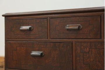 アンティーク家具　大正ロマン 三方欅材　前面玉杢材　象嵌入りアンティークローチェスト(引き出し、ローボード)