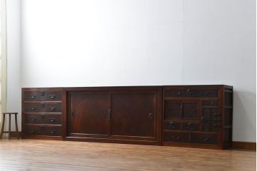 アンティーク家具　六尺　古民具・骨董 特別注文造り　前面欅材!三分割収納箪笥(水屋箪笥、帳場箪笥)