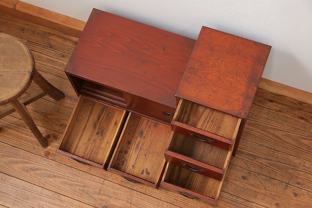 アンティーク家具　古民具・骨董 古い木の収納棚付き小引き出し