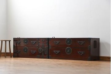 古民具・骨董 極上美品　蝶覆輪金具　前面栗材　米沢箪笥(時代箪笥)　