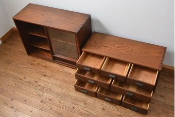 アンティーク家具　アンティーク 三方欅材!上質な二段重ね引き出し収納棚(戸棚、茶箪笥)