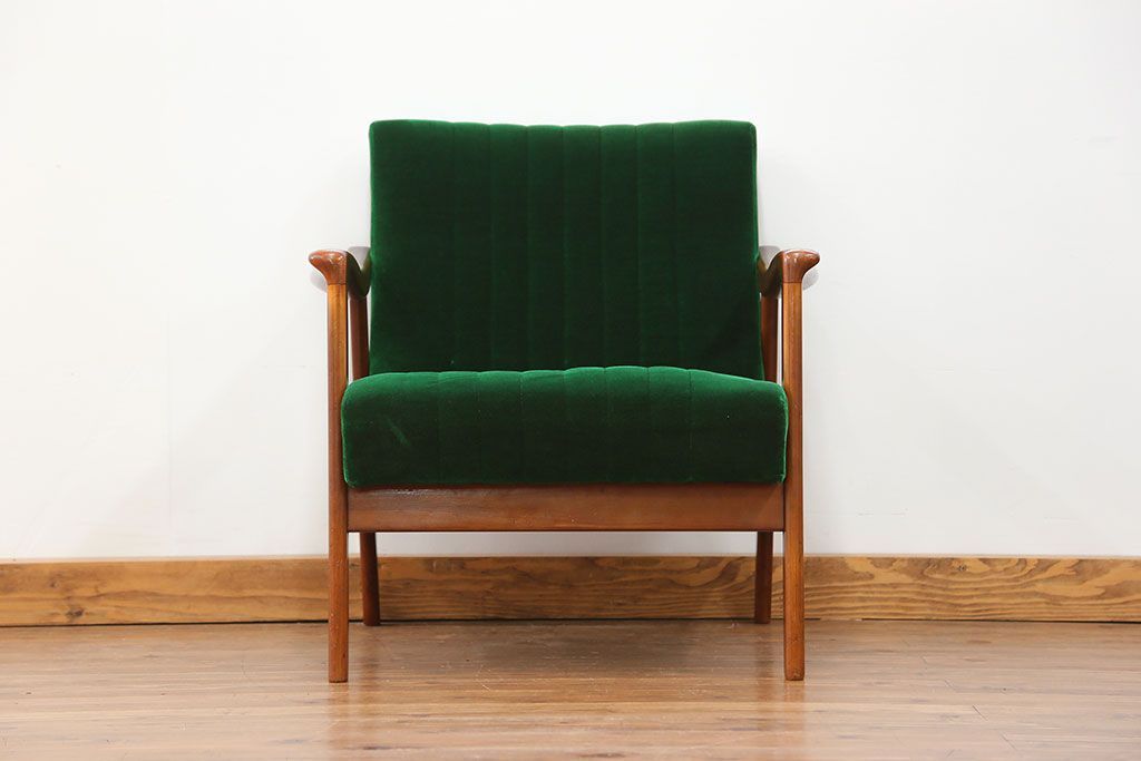 レトロ家具　昭和レトロ グリーン座面のアームチェア(1)(椅子、1人掛けソファ、イス)