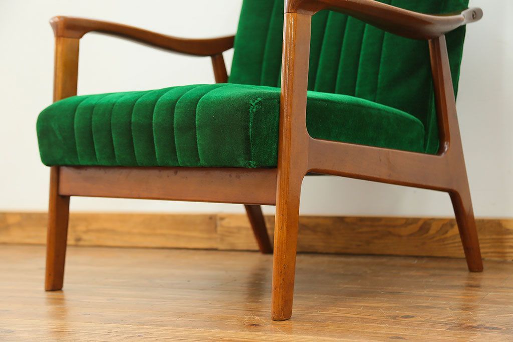 レトロ家具　昭和レトロ グリーン座面のアームチェア(1)(椅子、1人掛けソファ、イス)