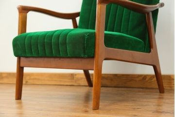 レトロ家具　昭和レトロ グリーン座面のアームチェア(1)(椅子、1人掛けソファ、イス)