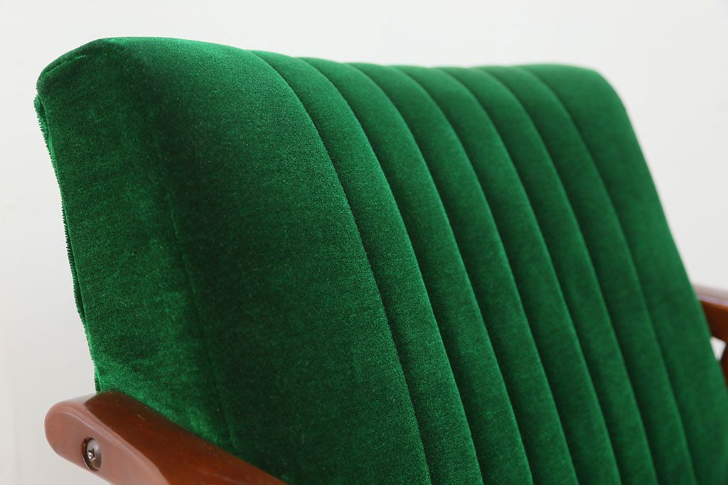 レトロ家具　昭和レトロ グリーン座面のアームチェア(1)(椅子、1人掛けソファ、イス)