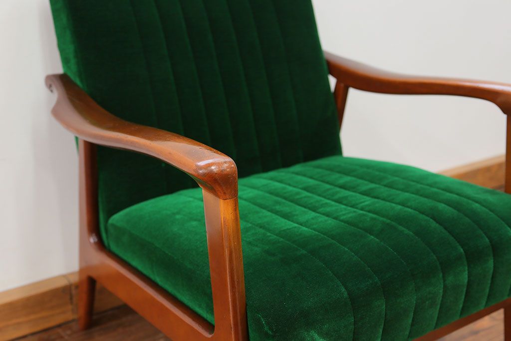 レトロ家具　昭和レトロ グリーン座面のアームチェア(1)(椅子、1人掛けソファ、イス)