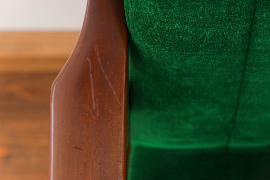 レトロ家具　昭和レトロ グリーン座面のアームチェア(1)(椅子、1人掛けソファ、イス)