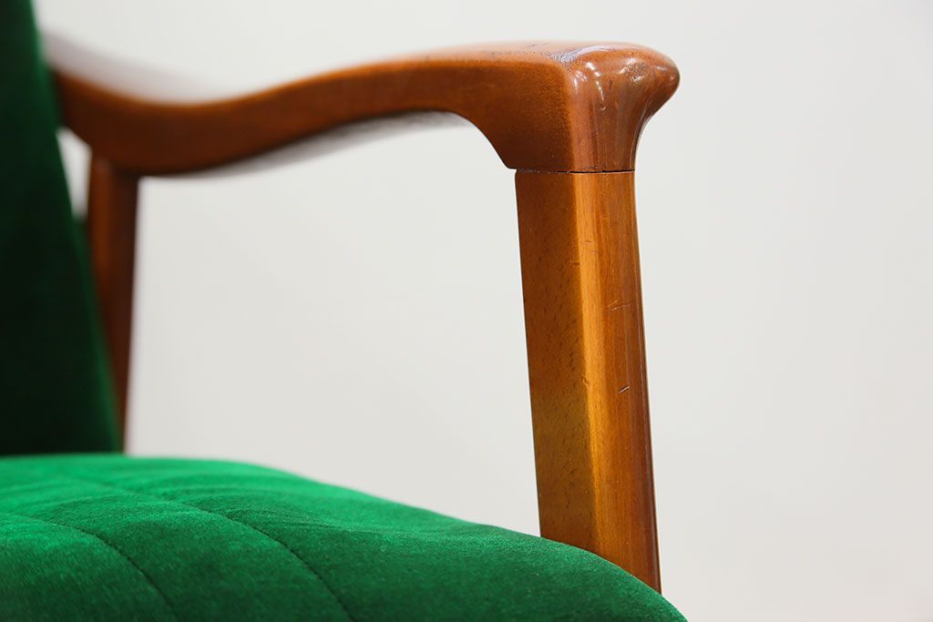 レトロ家具　昭和レトロ グリーン座面のアームチェア(1)(椅子、1人掛けソファ、イス)