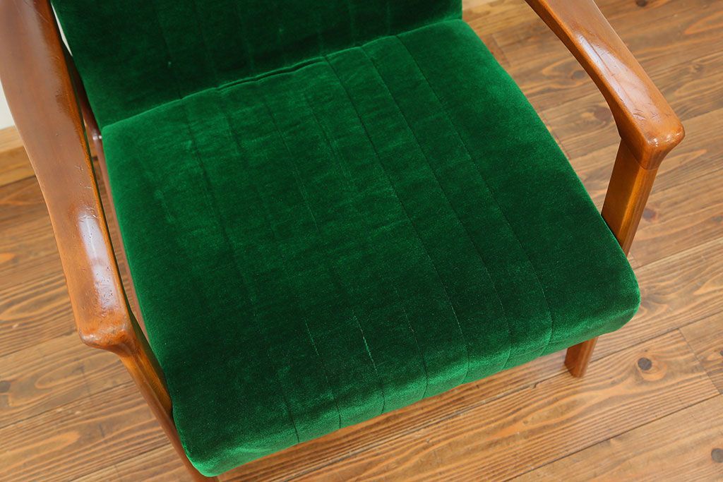レトロ家具　昭和レトロ グリーン座面のアームチェア(1)(椅子、1人掛けソファ、イス)