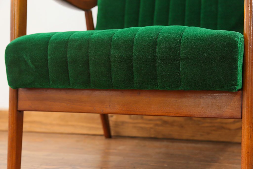 レトロ家具　昭和レトロ グリーン座面のアームチェア(1)(椅子、1人掛けソファ、イス)