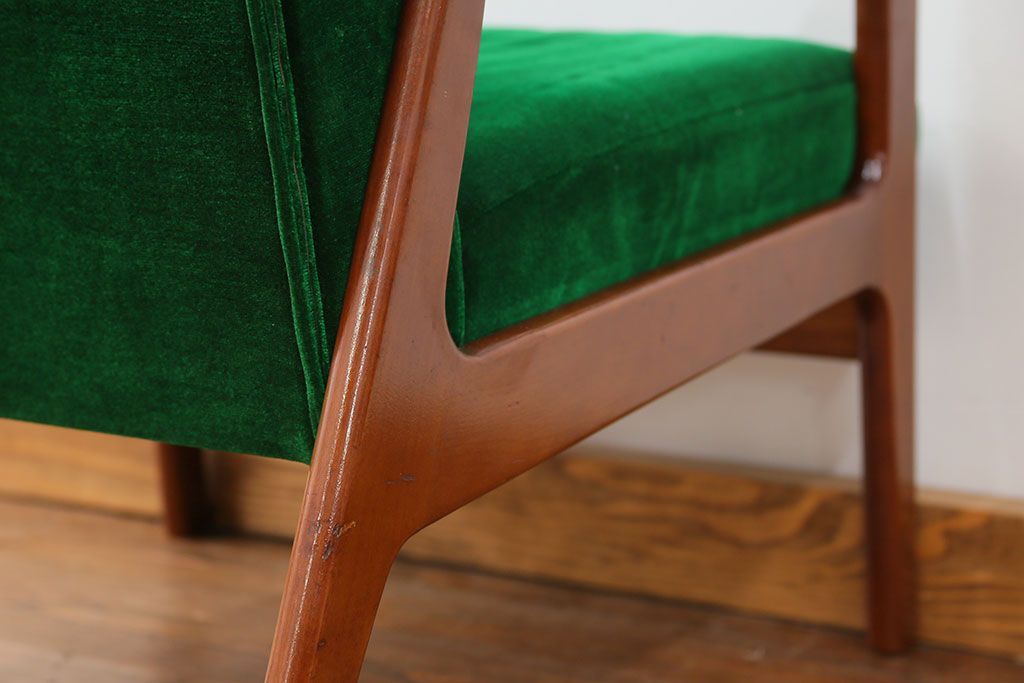 レトロ家具　昭和レトロ グリーン座面のアームチェア(1)(椅子、1人掛けソファ、イス)