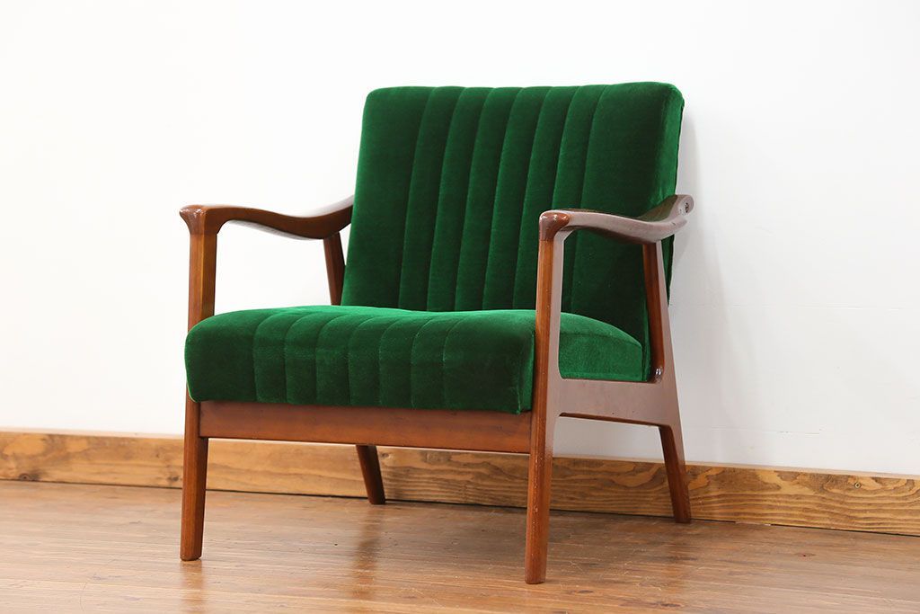 レトロ家具　昭和レトロ グリーン座面のアームチェア(2)(椅子、1人掛けソファ、イス)　