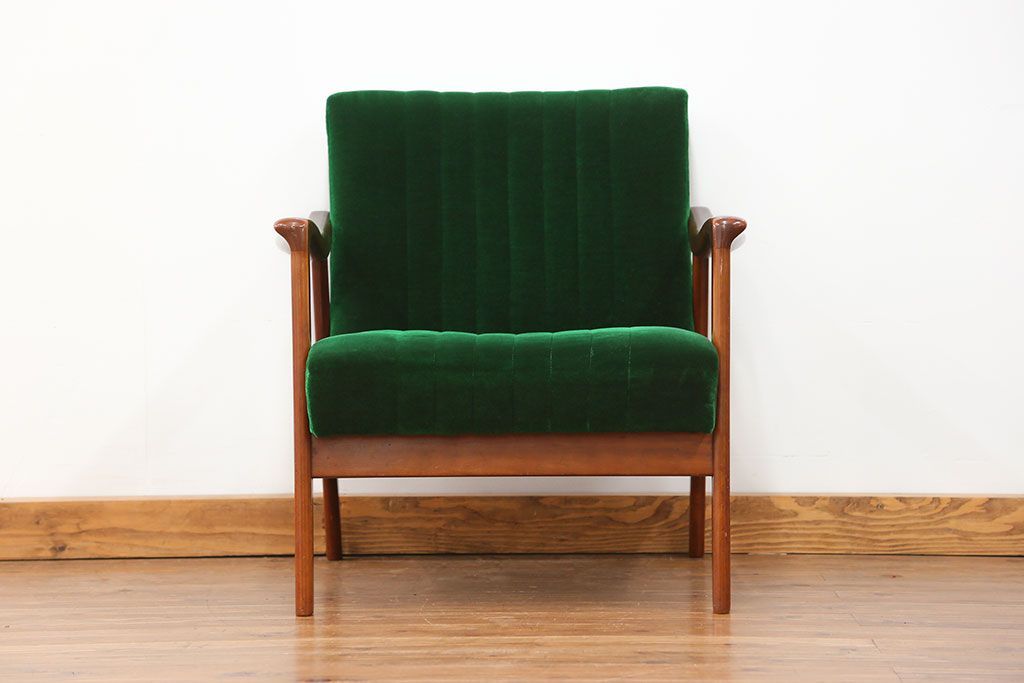 レトロ家具　昭和レトロ グリーン座面のアームチェア(2)(椅子、1人掛けソファ、イス)　