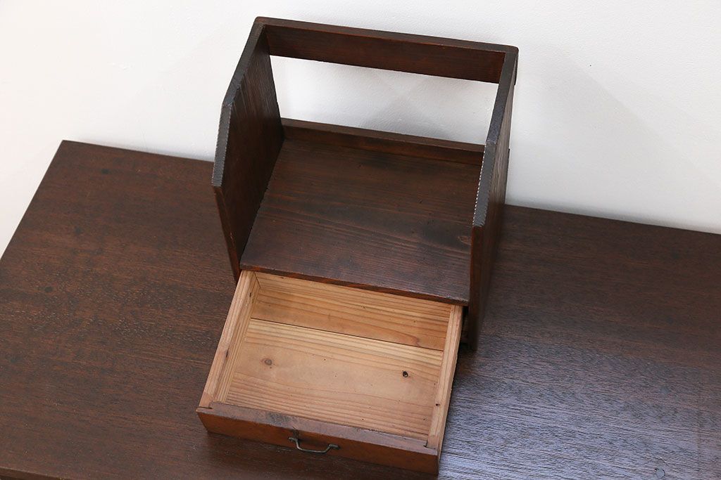 アンティーク雑貨　昭和レトロ 古い木の小さな小引き出し付き本立て