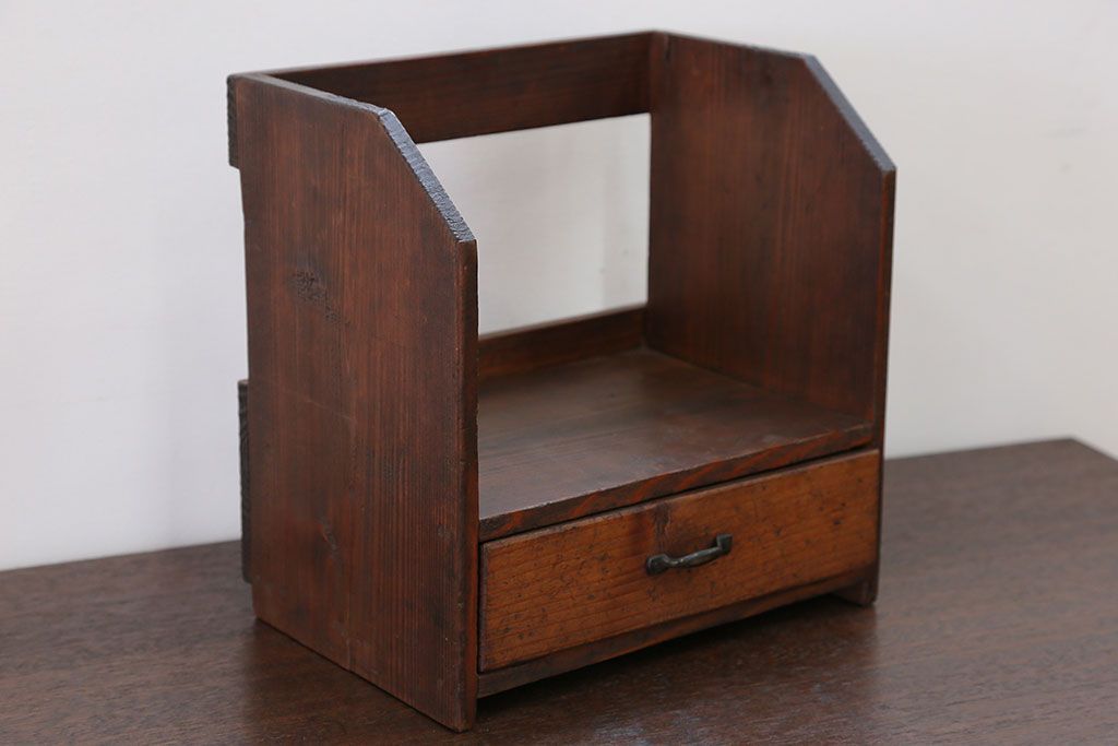 アンティーク雑貨　昭和レトロ 古い木の小さな小引き出し付き本立て