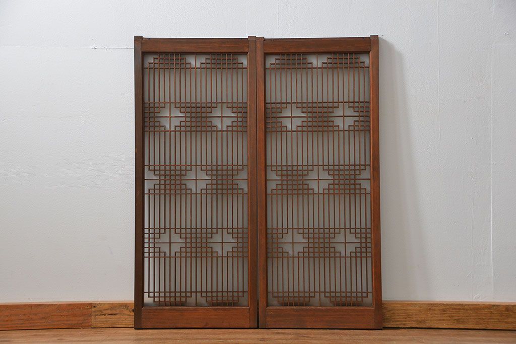 アンティーク 細かな細工の書院戸2枚セット(引き戸、ガラス戸)