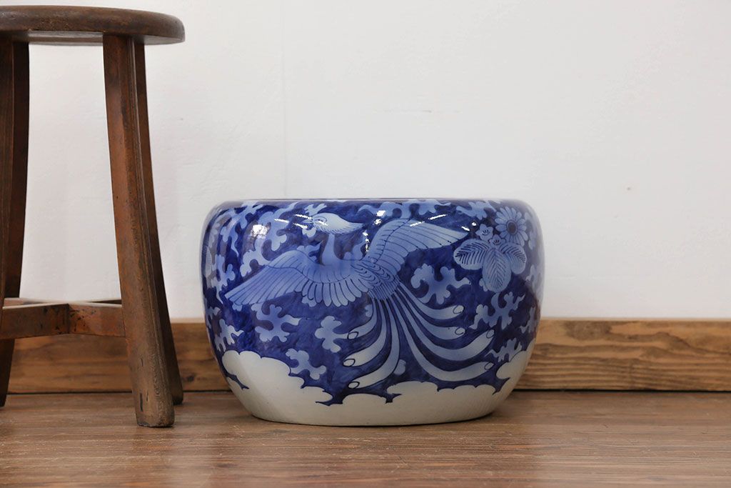 アンティーク雑貨　古民具・骨董 明治〜大正 鳳凰の図 瀬戸火鉢