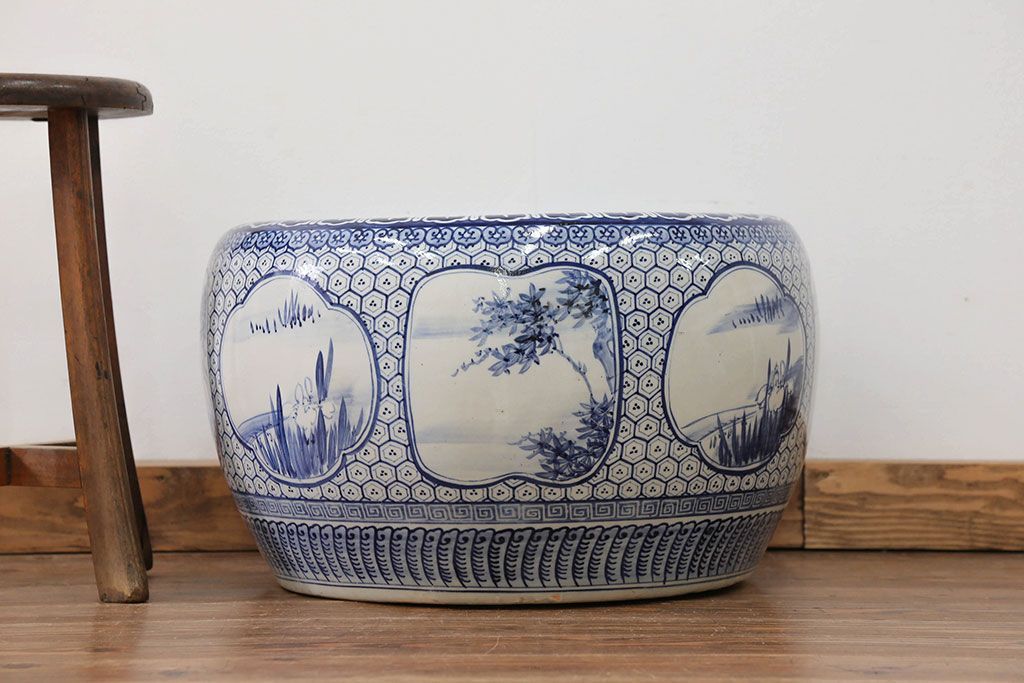 アンティーク雑貨　古民具・骨董 大振り!窓絵山水図 瀬戸火鉢