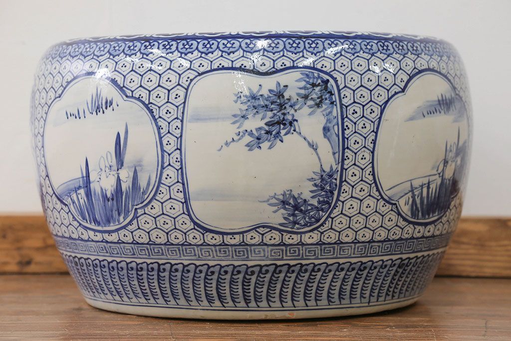 アンティーク雑貨　古民具・骨董 大振り!窓絵山水図 瀬戸火鉢